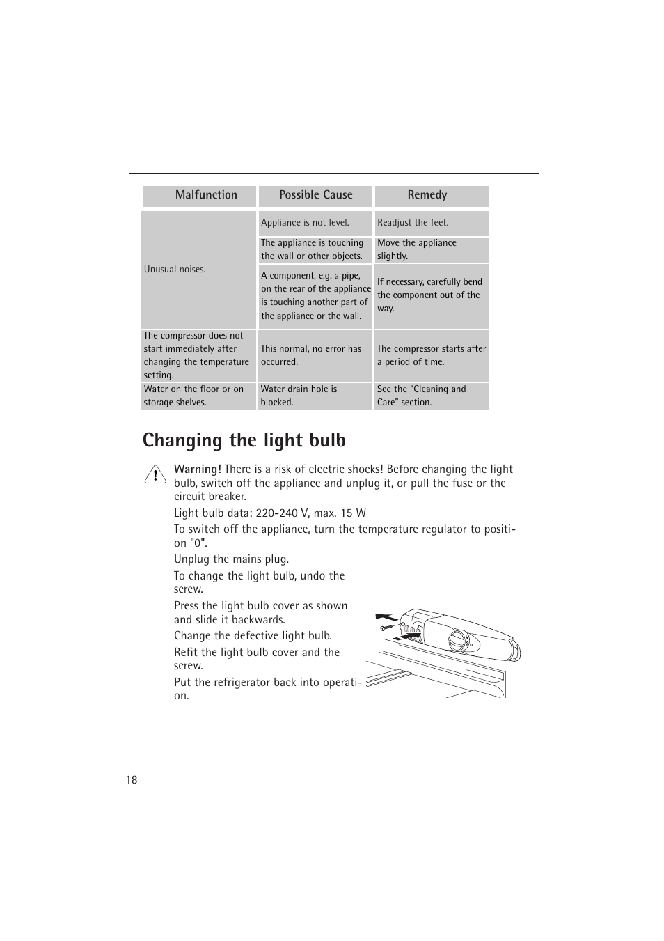 Changing the light bulb | Electrolux 1673-4 TK User Manual | Page 18 / 21