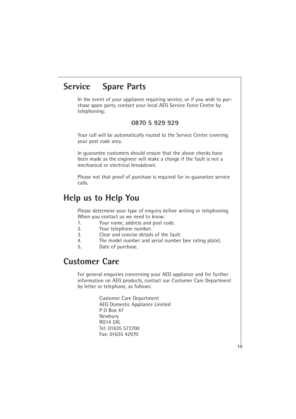 Service & spare parts, Help us to help you, Customer care | Electrolux 1673-4 TK User Manual | Page 19 / 21