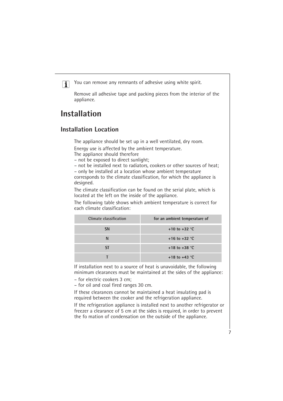 Installation, Installation location | Electrolux 1673-4 TK User Manual | Page 7 / 21