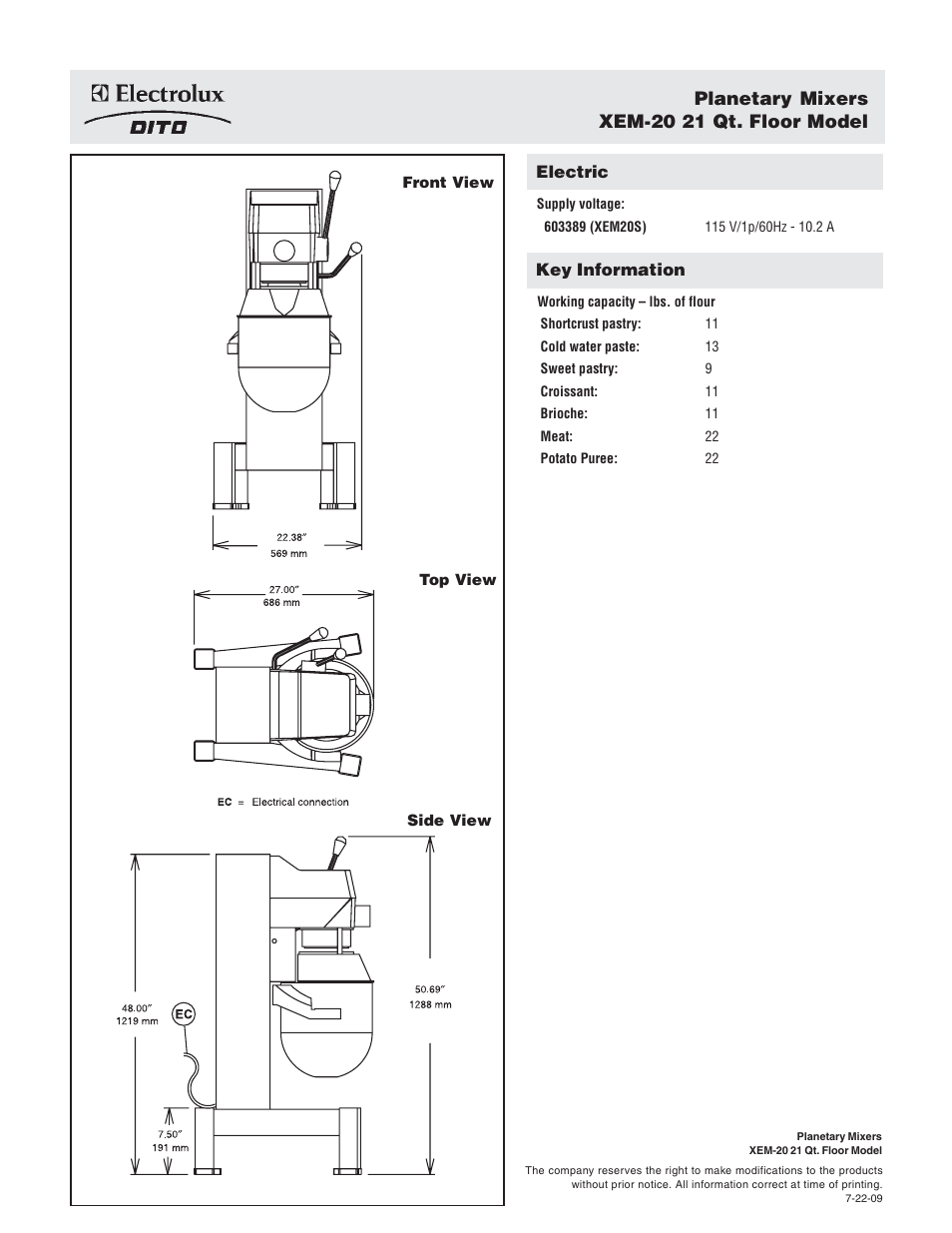 Planetary mixers xem-20 21 qt. floor model | Electrolux Dito XEM-20 User Manual | Page 2 / 2