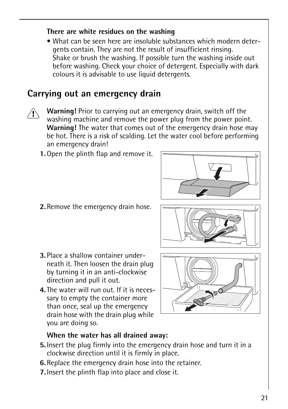 Carrying out an emergency drain | Electrolux 62825 User Manual | Page 21 / 40