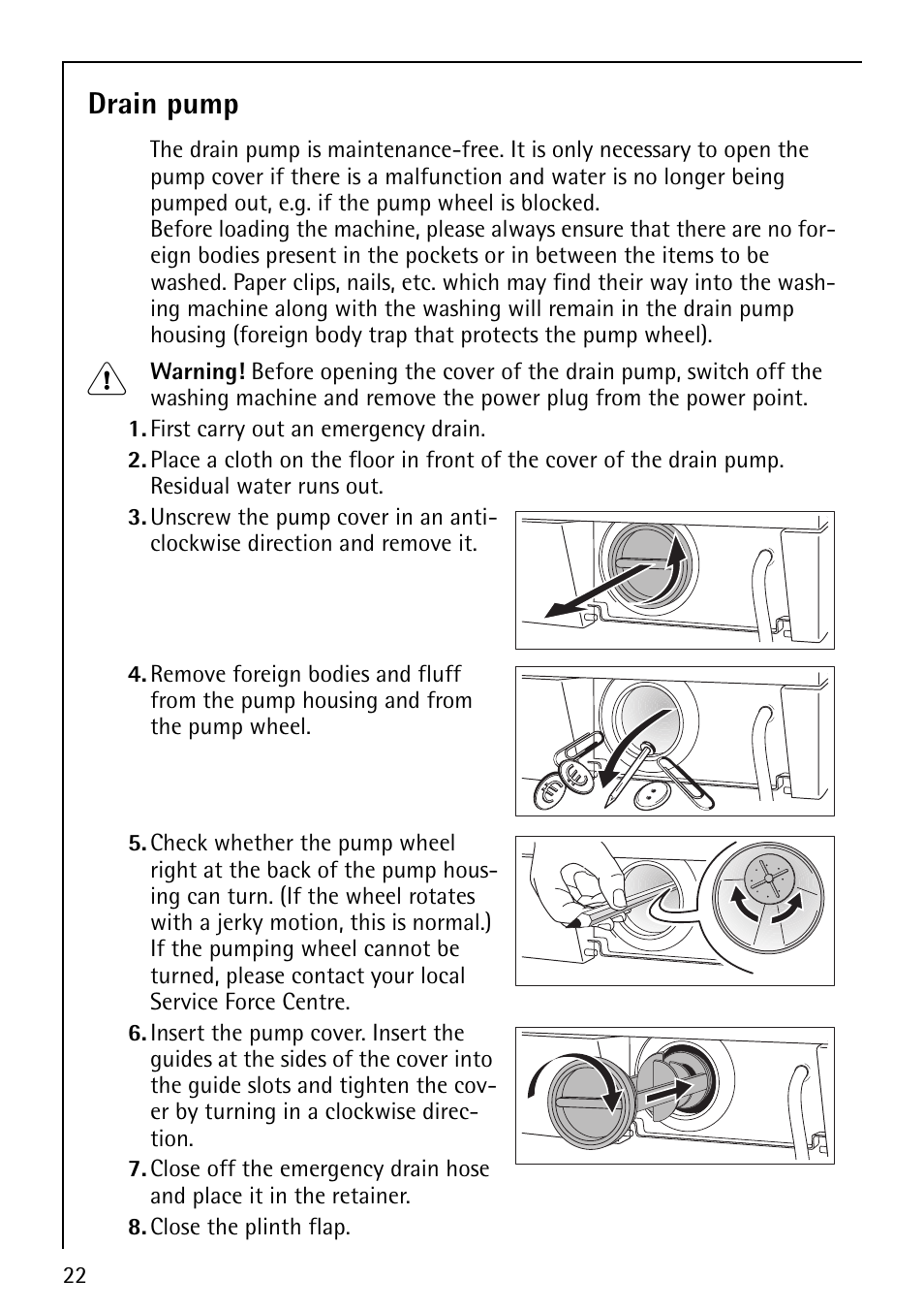 Drain pump | Electrolux 62825 User Manual | Page 22 / 40