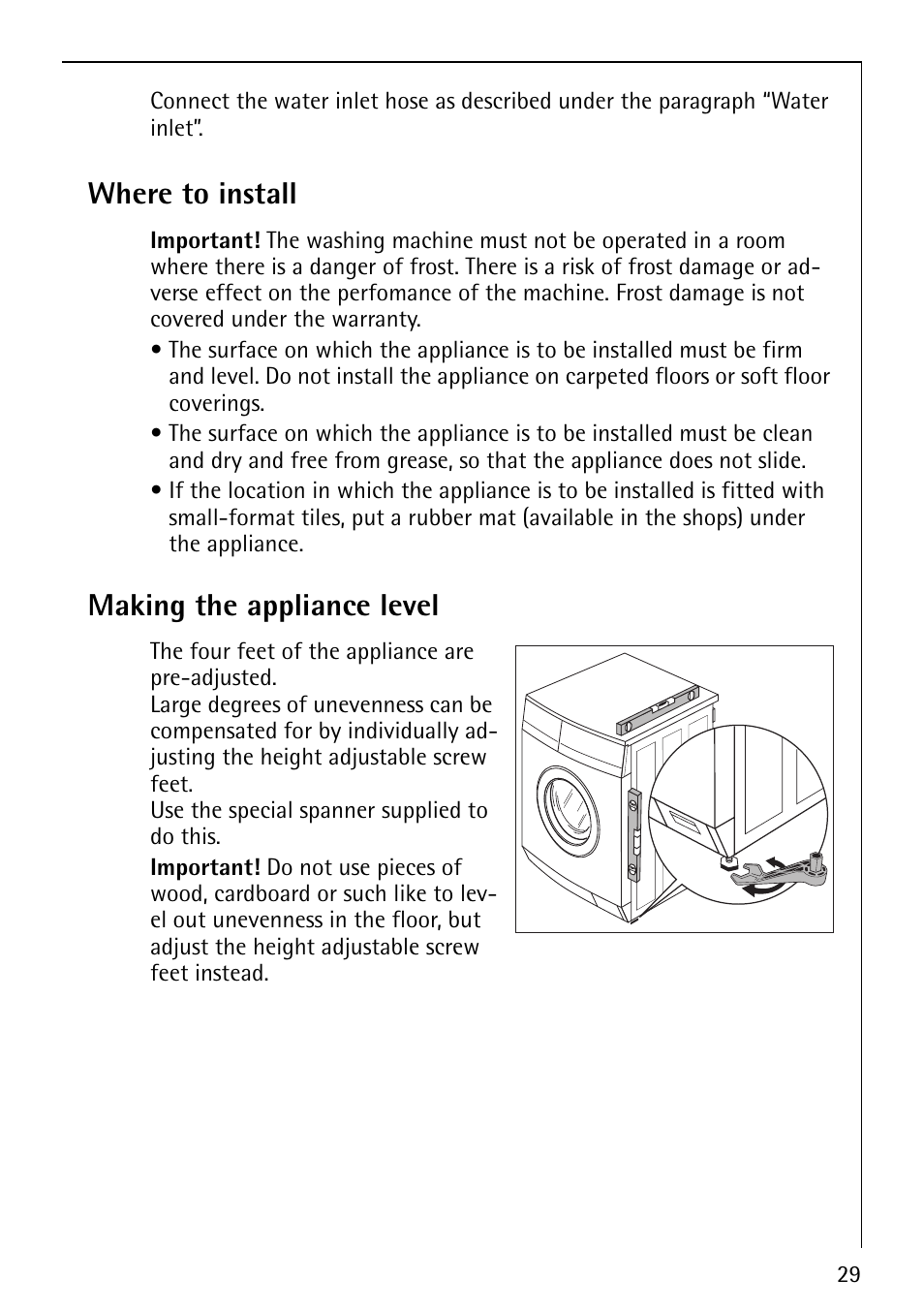 Where to install, Making the appliance level | Electrolux 62825 User Manual | Page 29 / 40