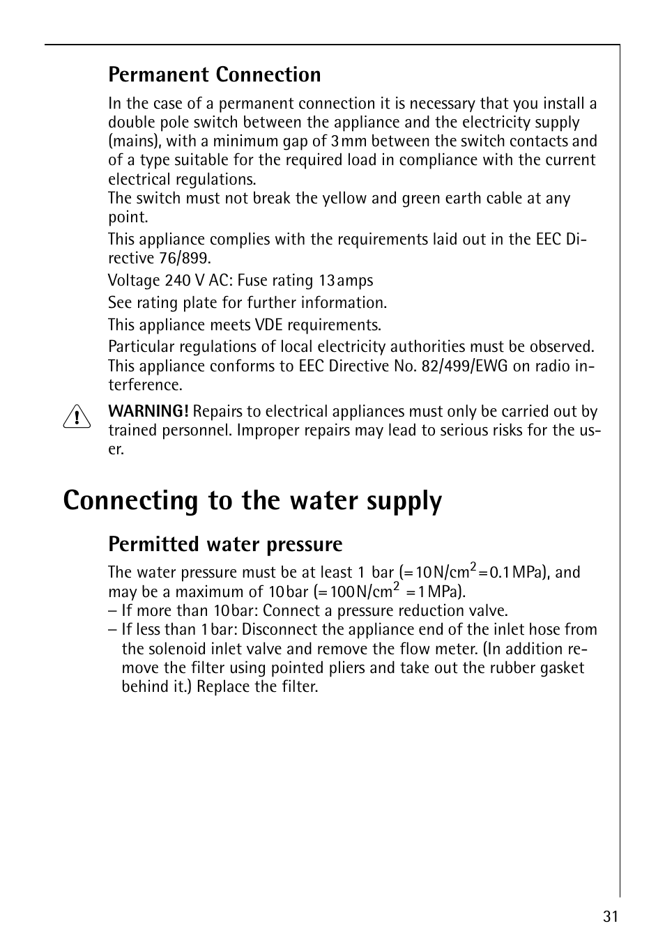 Connecting to the water supply, Permanent connection, Permitted water pressure | Electrolux 62825 User Manual | Page 31 / 40