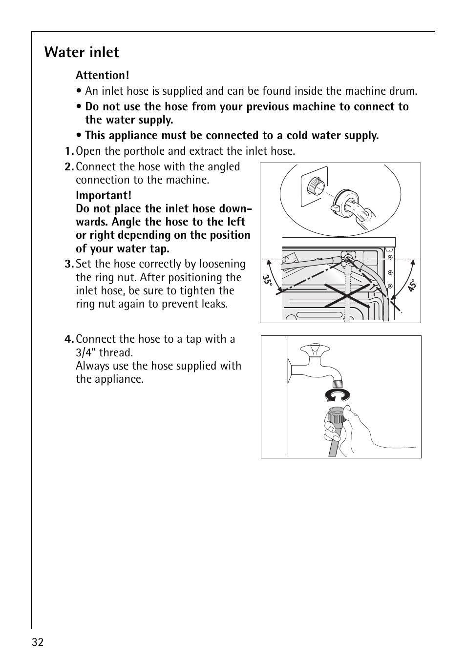 Water inlet | Electrolux 62825 User Manual | Page 32 / 40