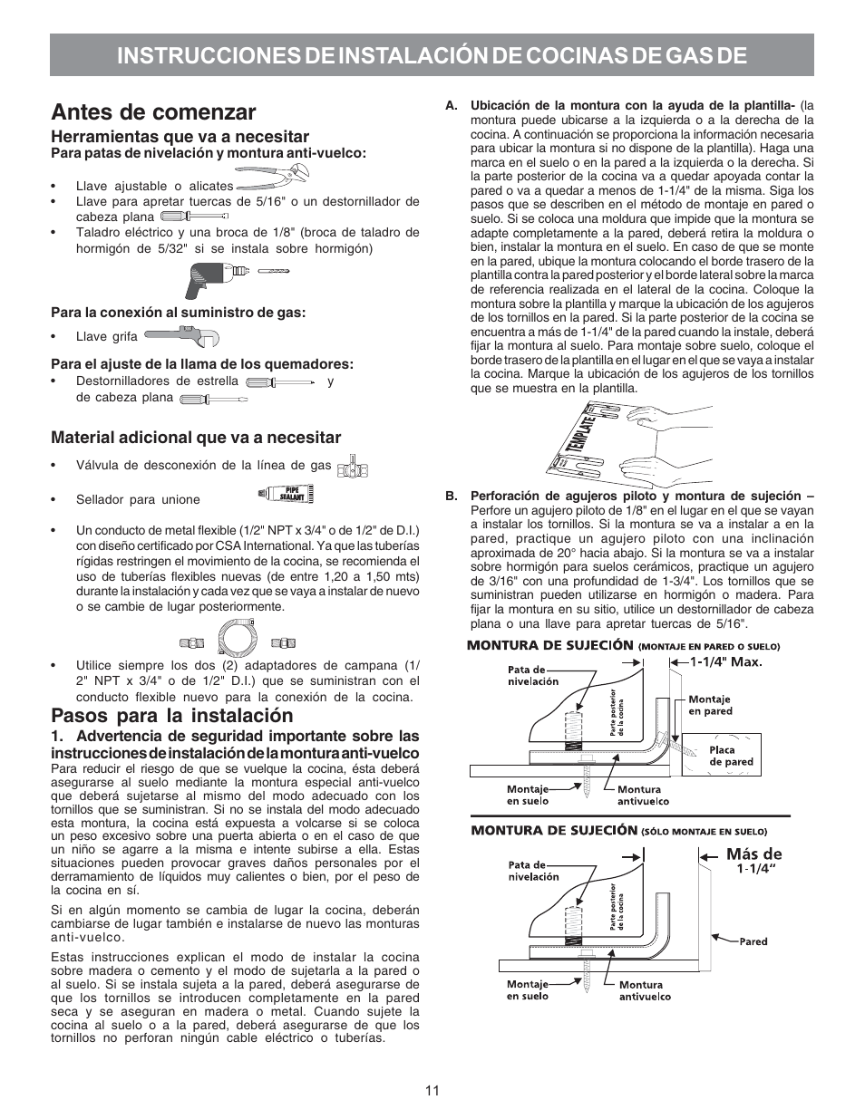 Antes de comenzar, Instrucciones de instalación de cocinas de gas de, Pasos para la instalación | Electrolux 316469104 User Manual | Page 13 / 20