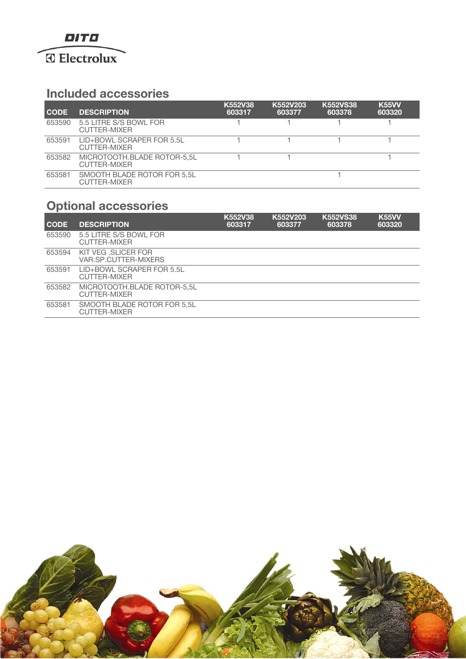 Included accessories, Optional accessories | Electrolux K552VS38 User Manual | Page 3 / 4