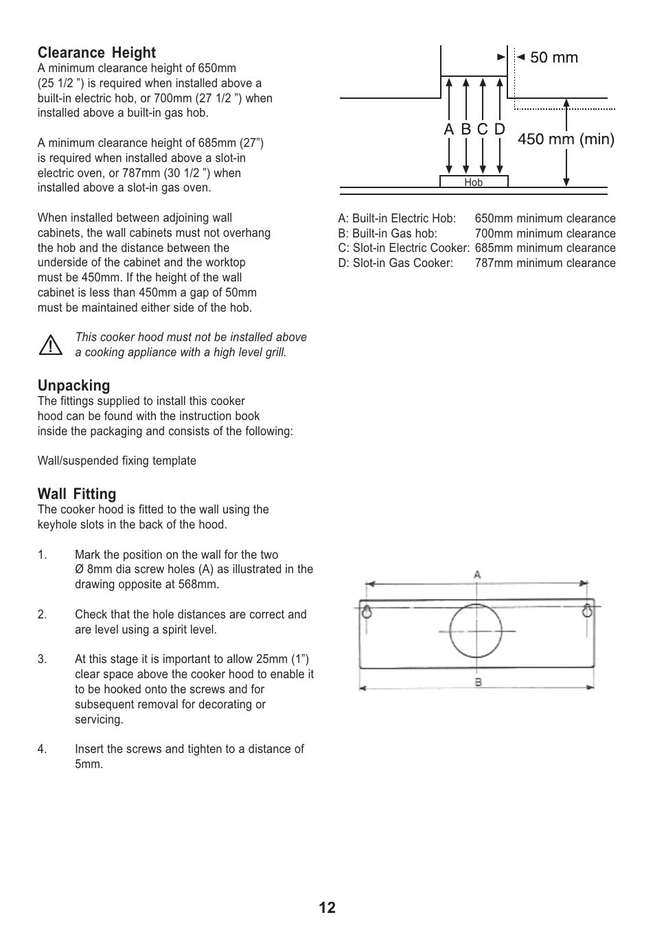 Clearance height, Unpacking, Wall fitting | Electrolux EFT 615 User Manual | Page 12 / 16