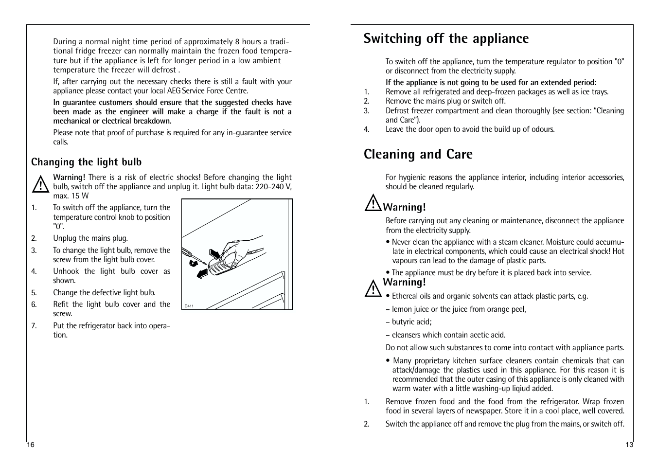 Switching off the appliance, Cleaning and care | Electrolux C 7 1440 i User Manual | Page 13 / 28