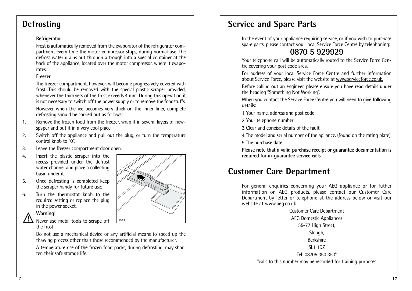 Defrosting, Service and spare parts, Customer care department | Electrolux C 7 1440 i User Manual | Page 17 / 28