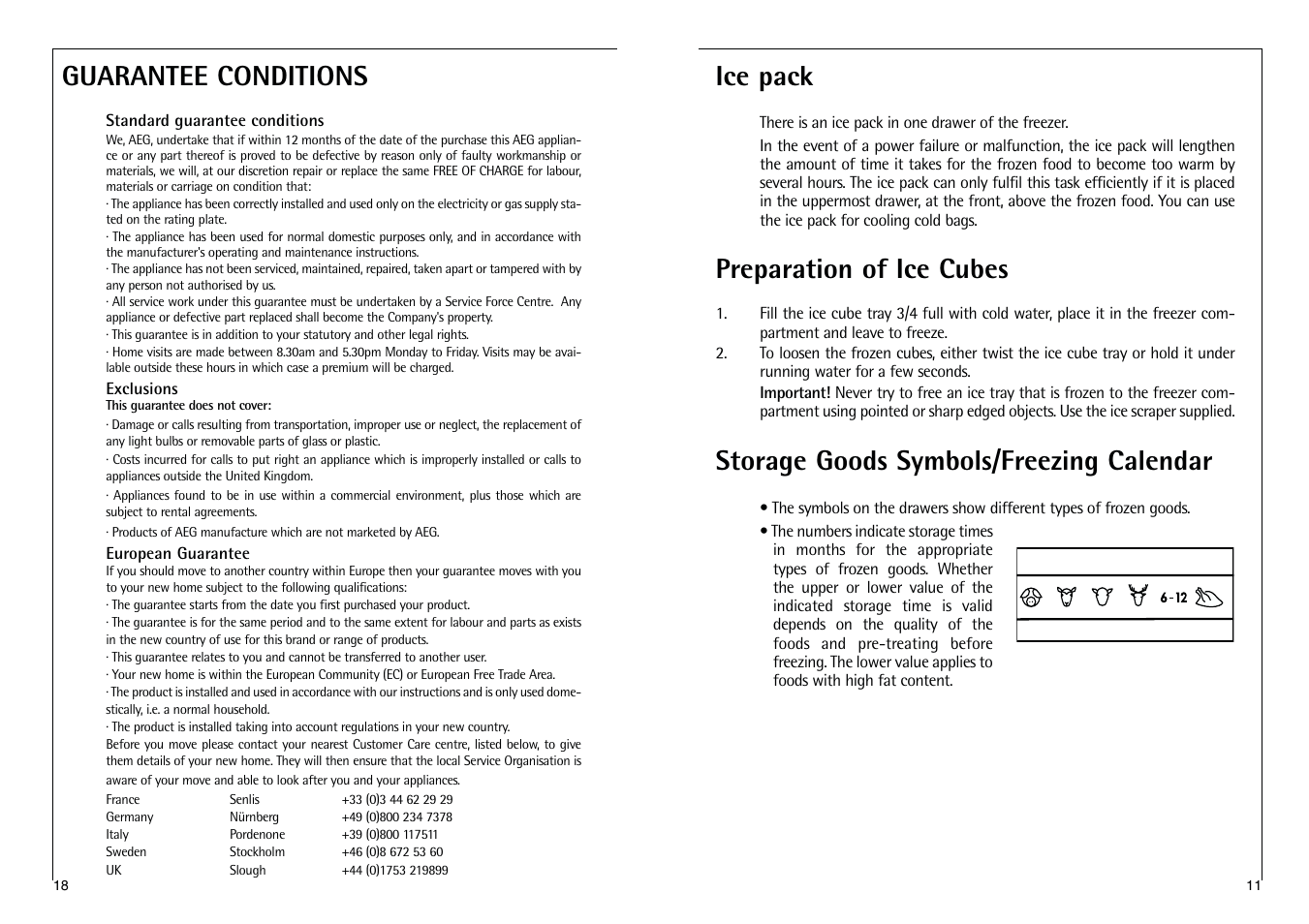 Ice pack, Preparation of ice cubes, Storage goods symbols/freezing calendar | Guarantee conditions | Electrolux C 7 1440 i User Manual | Page 18 / 28