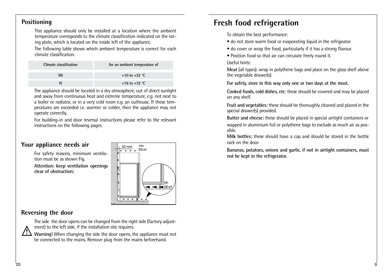 Fresh food refrigeration, Positioning, Your appliance needs air | Reversing the door | Electrolux C 7 1440 i User Manual | Page 20 / 28