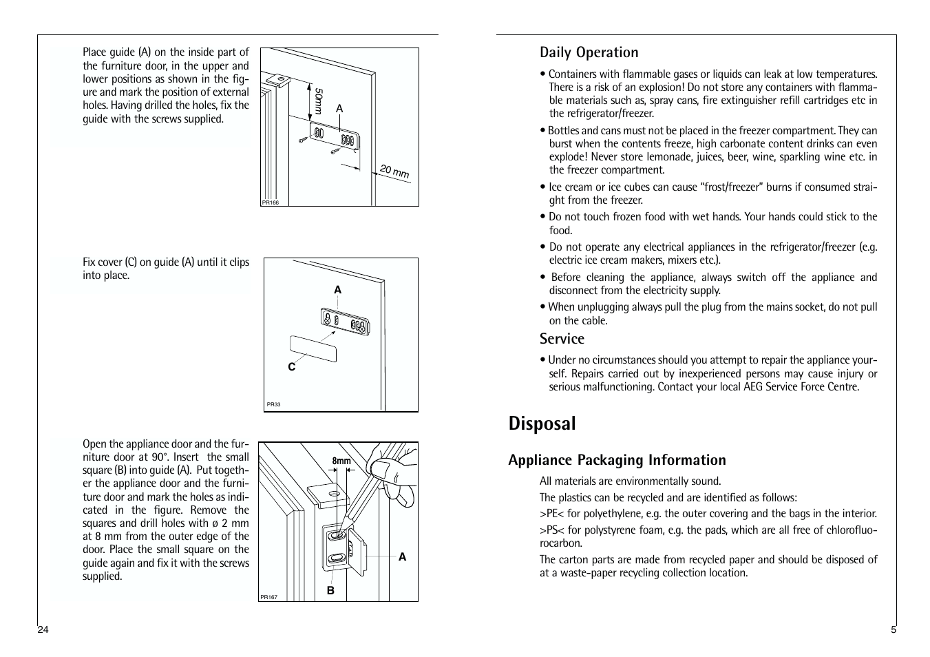 Disposal, Daily operation, Service | Appliance packaging information | Electrolux C 7 1440 i User Manual | Page 5 / 28