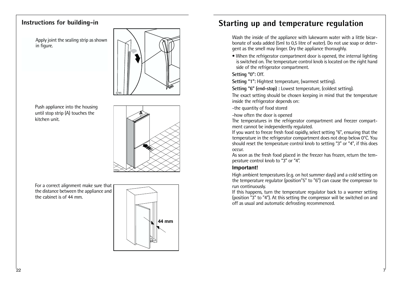 Starting up and temperature regulation, Instructions for building-in | Electrolux C 7 1440 i User Manual | Page 7 / 28