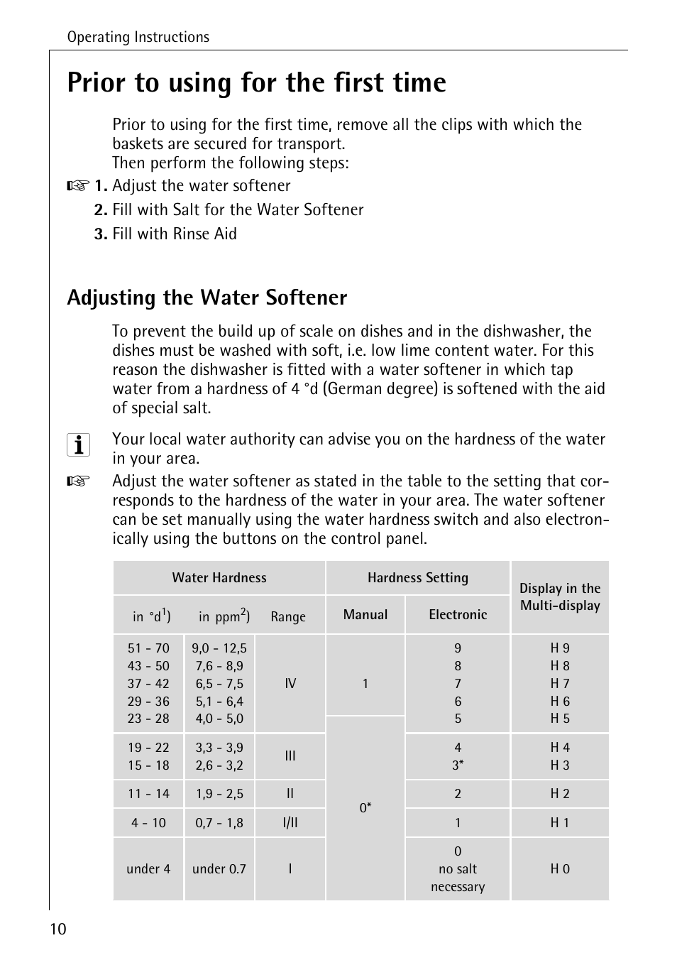 Prior to using for the first time, Adjusting the water softener | Electrolux 3A User Manual | Page 10 / 44