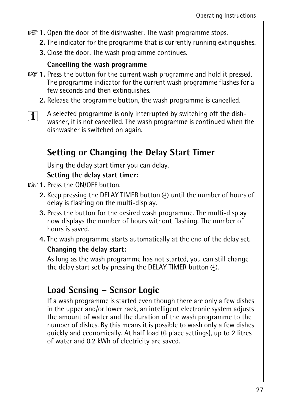 Setting or changing the delay start timer, Load sensing – sensor logic | Electrolux 3A User Manual | Page 27 / 44