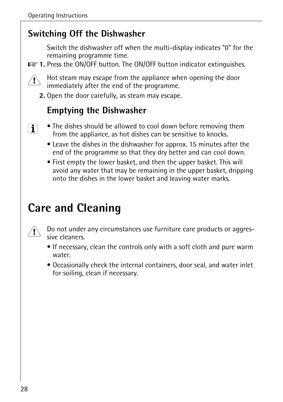 Care and cleaning, Switching off the dishwasher, Emptying the dishwasher | Electrolux 3A User Manual | Page 28 / 44