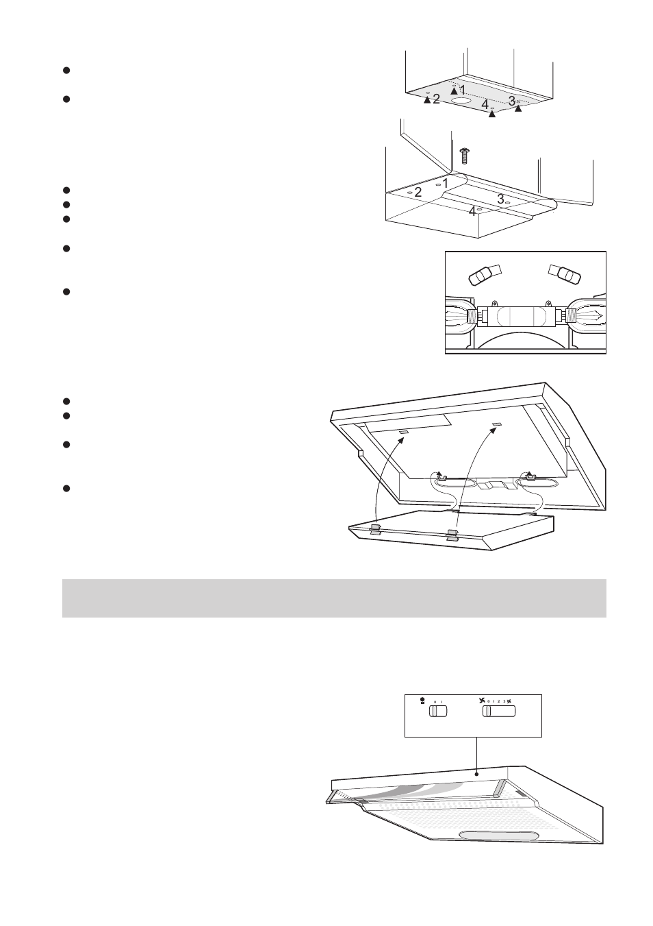 Using the hood, Mounting under cupboard, Exhausting mode | Recirculation mode (with carbon filter), Speed regulation | Electrolux EFT 625 User Manual | Page 6 / 12