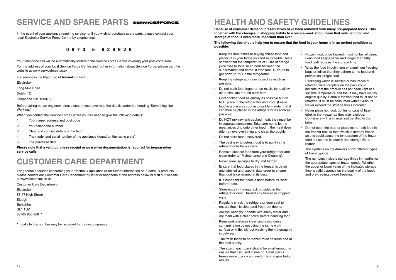 Health and safety guidelines, Customer care department, Service and spare parts | Electrolux U02363 ER 7626 B User Manual | Page 12 / 20