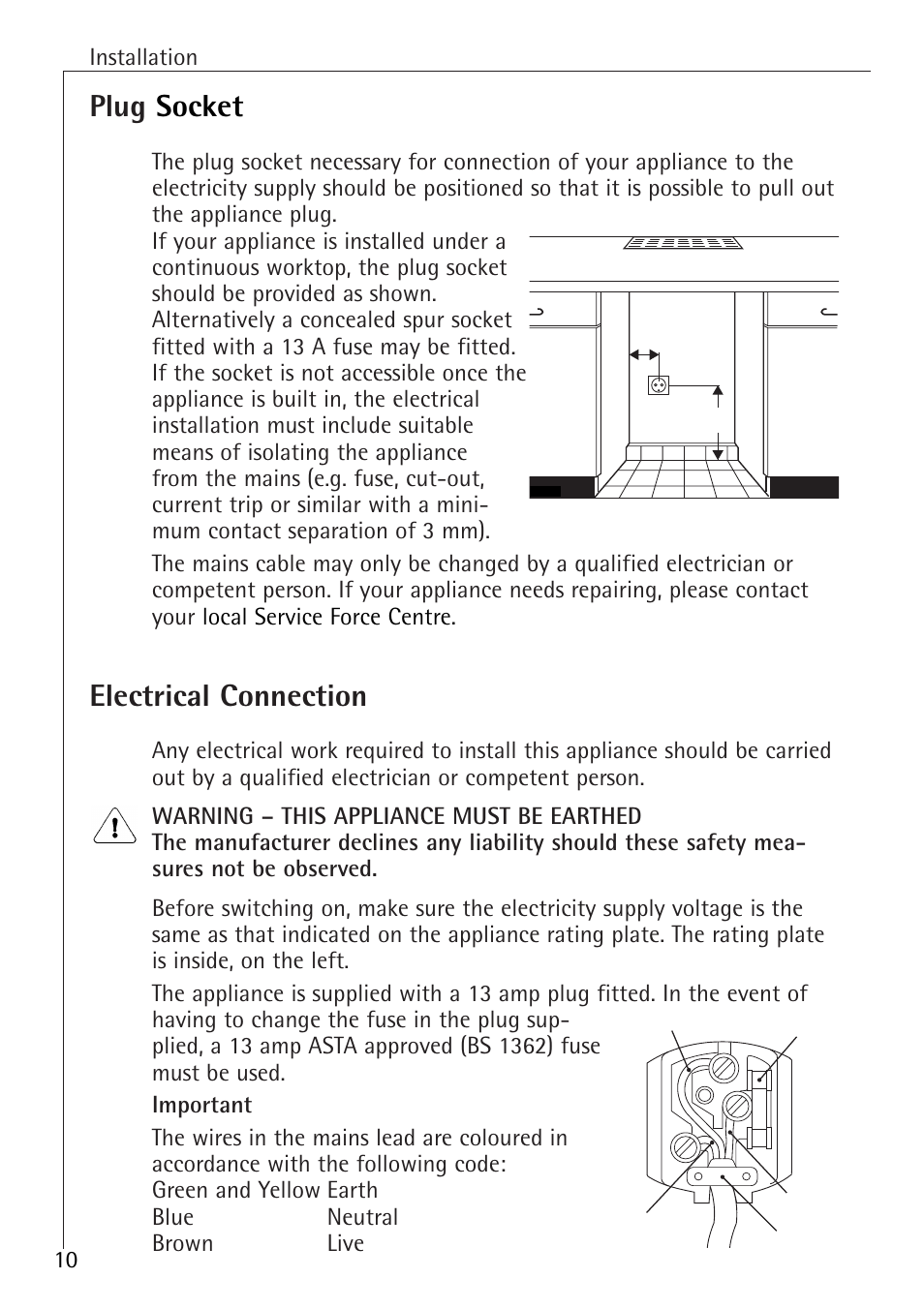 Plug socket, Electrical connection, Installation 10 | Electrolux 60160 TK User Manual | Page 10 / 24