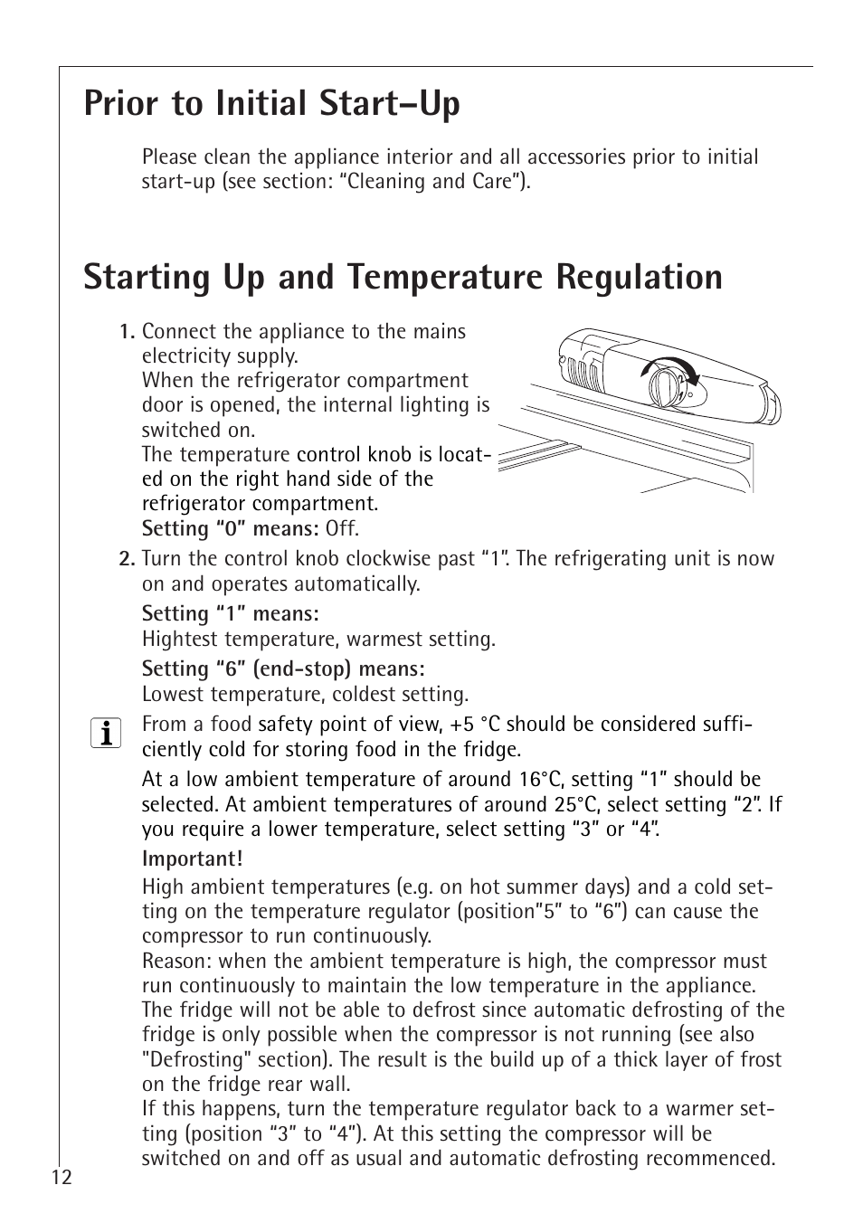 Starting up and temperature regulation, Prior to initial start–up | Electrolux 60160 TK User Manual | Page 12 / 24