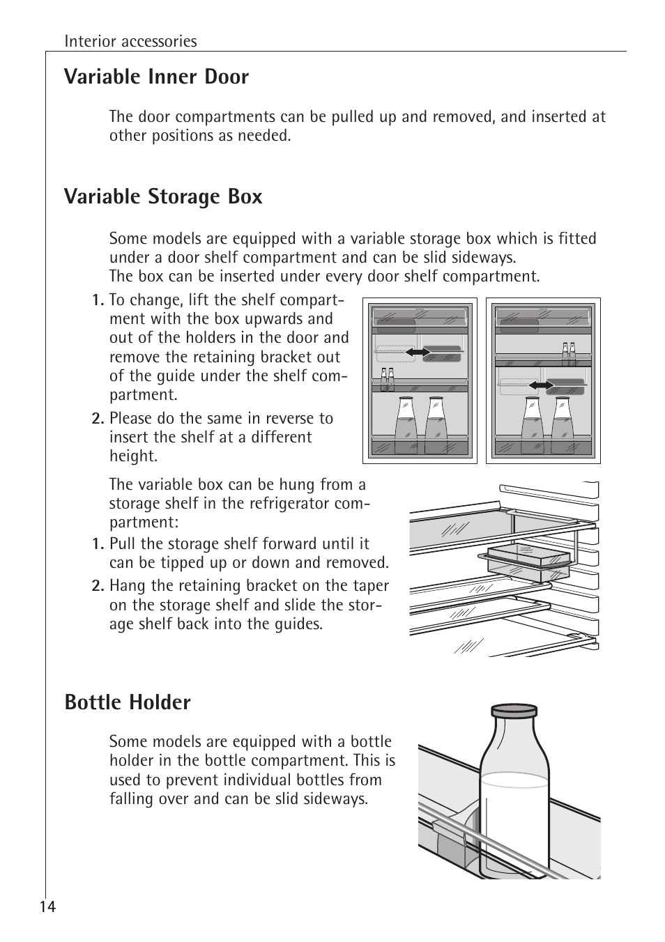 Variable inner door, Variable storage box, Bottle holder | Electrolux 60160 TK User Manual | Page 14 / 24