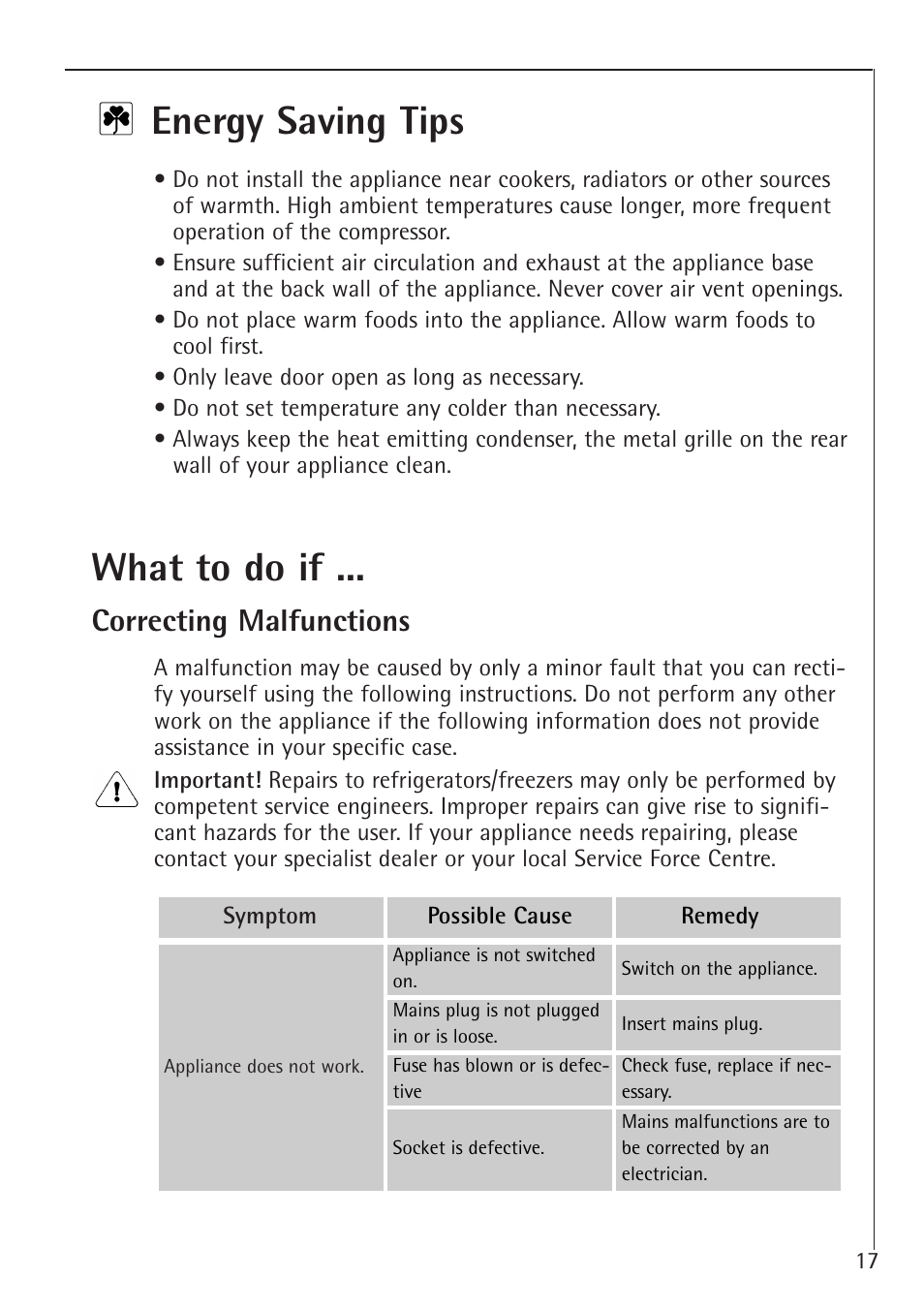 What to do if, Energy saving tips, Correcting malfunctions | Electrolux 60160 TK User Manual | Page 17 / 24
