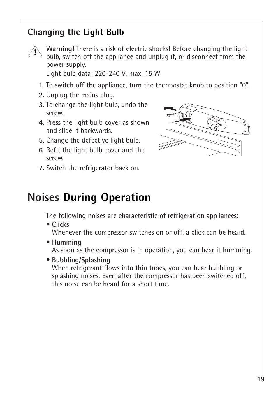 Noises during operation, Changing the light bulb | Electrolux 60160 TK User Manual | Page 19 / 24