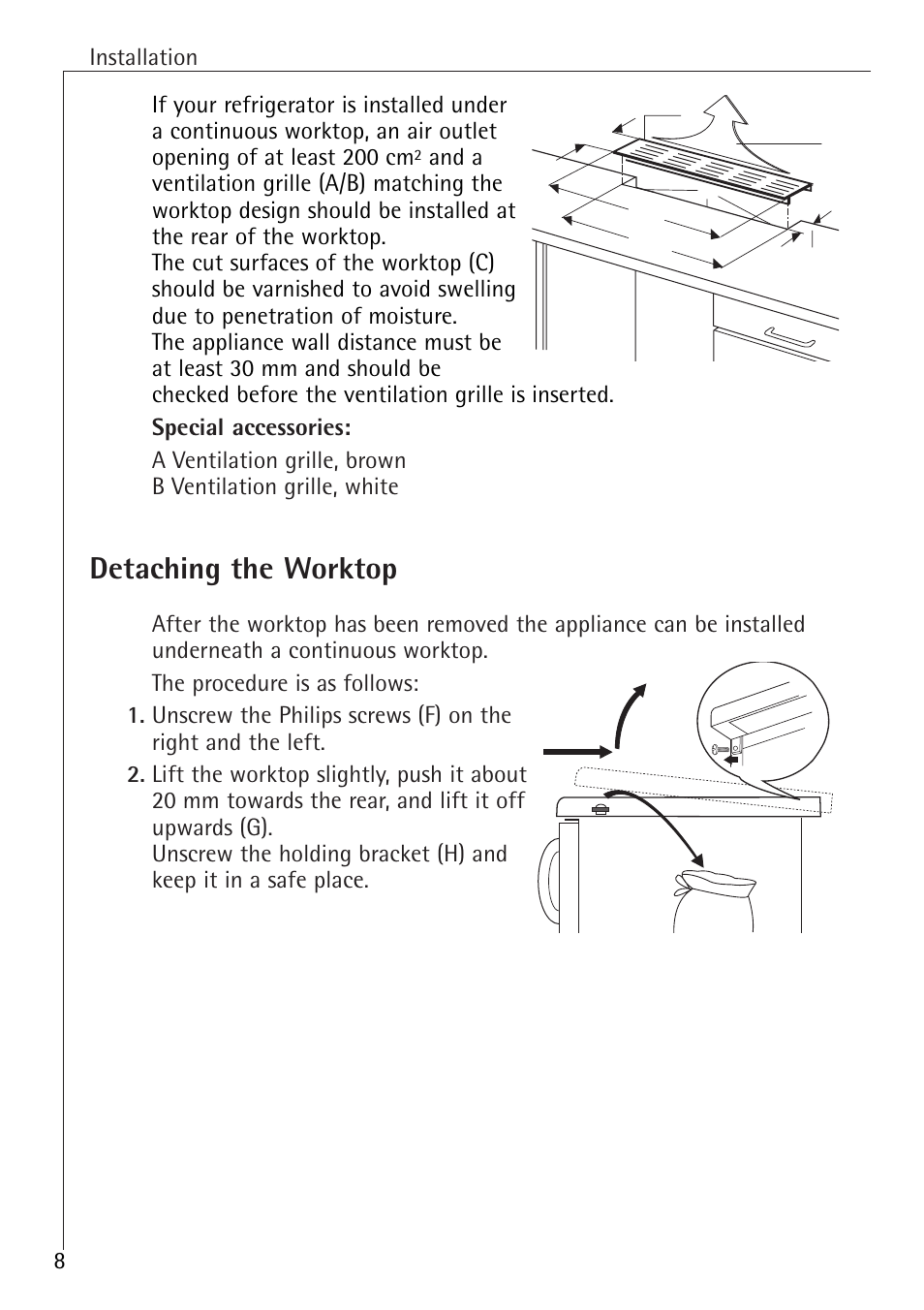 Detaching the worktop | Electrolux 60160 TK User Manual | Page 8 / 24
