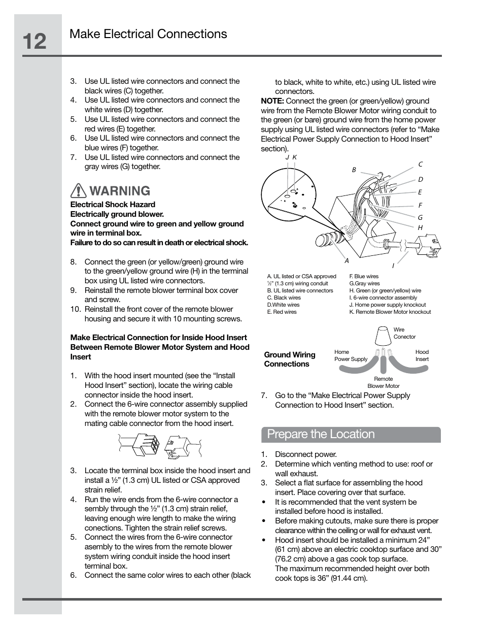 Prepare the location, Make electrical connections | Electrolux Hood Insert EI48HI55KS User Manual | Page 12 / 52