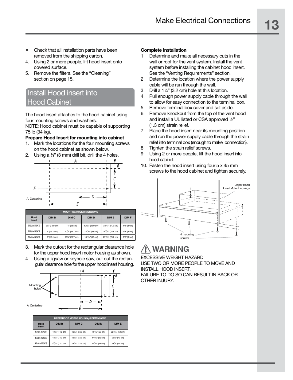 Make electrical connections, Install hood insert into hood cabinet | Electrolux Hood Insert EI48HI55KS User Manual | Page 13 / 52