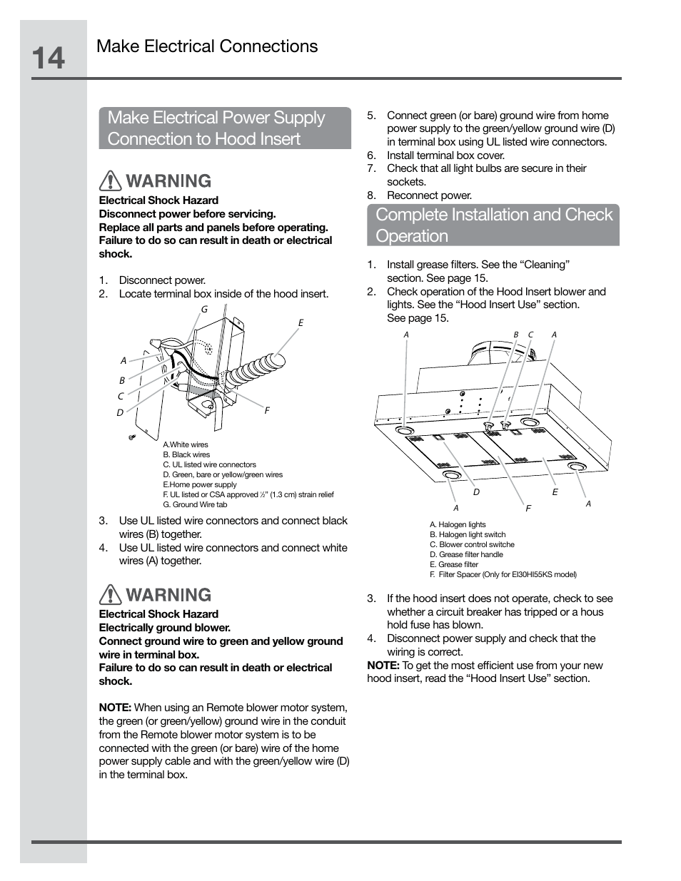 Complete installation and check operation | Electrolux Hood Insert EI48HI55KS User Manual | Page 14 / 52