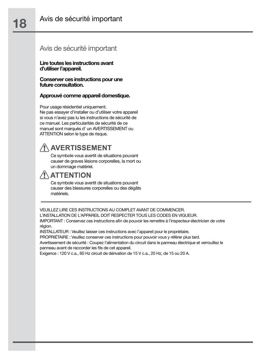 Avis de sécurité important | Electrolux Hood Insert EI48HI55KS User Manual | Page 18 / 52
