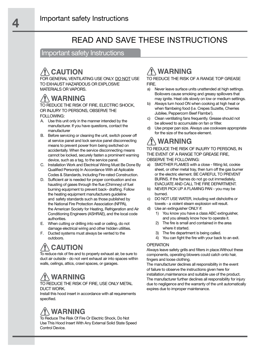 Read and save these instructions, Important safety instructions | Electrolux Hood Insert EI48HI55KS User Manual | Page 4 / 52