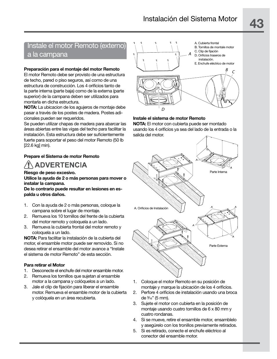 Instalación del sistema motor, Instale el motor remoto (externo) a la campana | Electrolux Hood Insert EI48HI55KS User Manual | Page 43 / 52