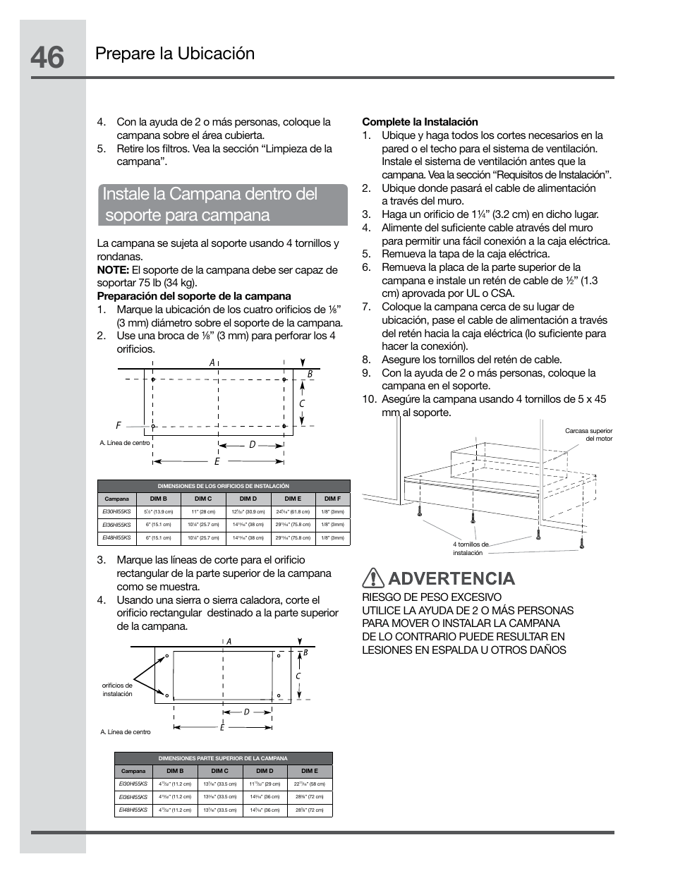 Prepare la ubicación, Instale la campana dentro del soporte para campana | Electrolux Hood Insert EI48HI55KS User Manual | Page 46 / 52