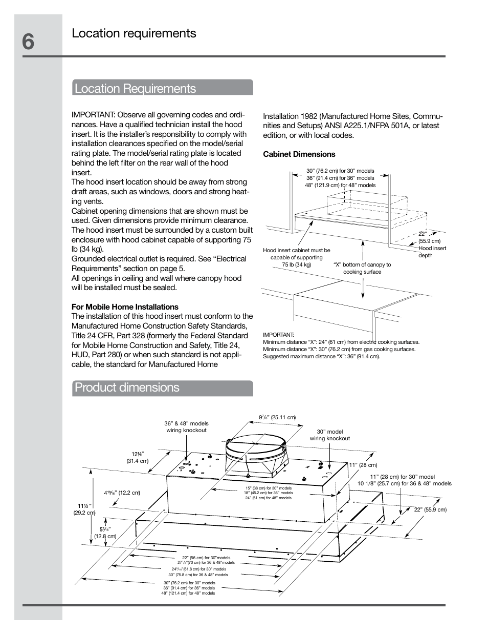 Location requirements, Location requirements product dimensions | Electrolux Hood Insert EI48HI55KS User Manual | Page 6 / 52