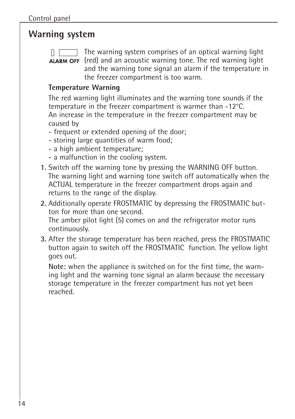 Warning system | Electrolux 75100 GA User Manual | Page 14 / 28