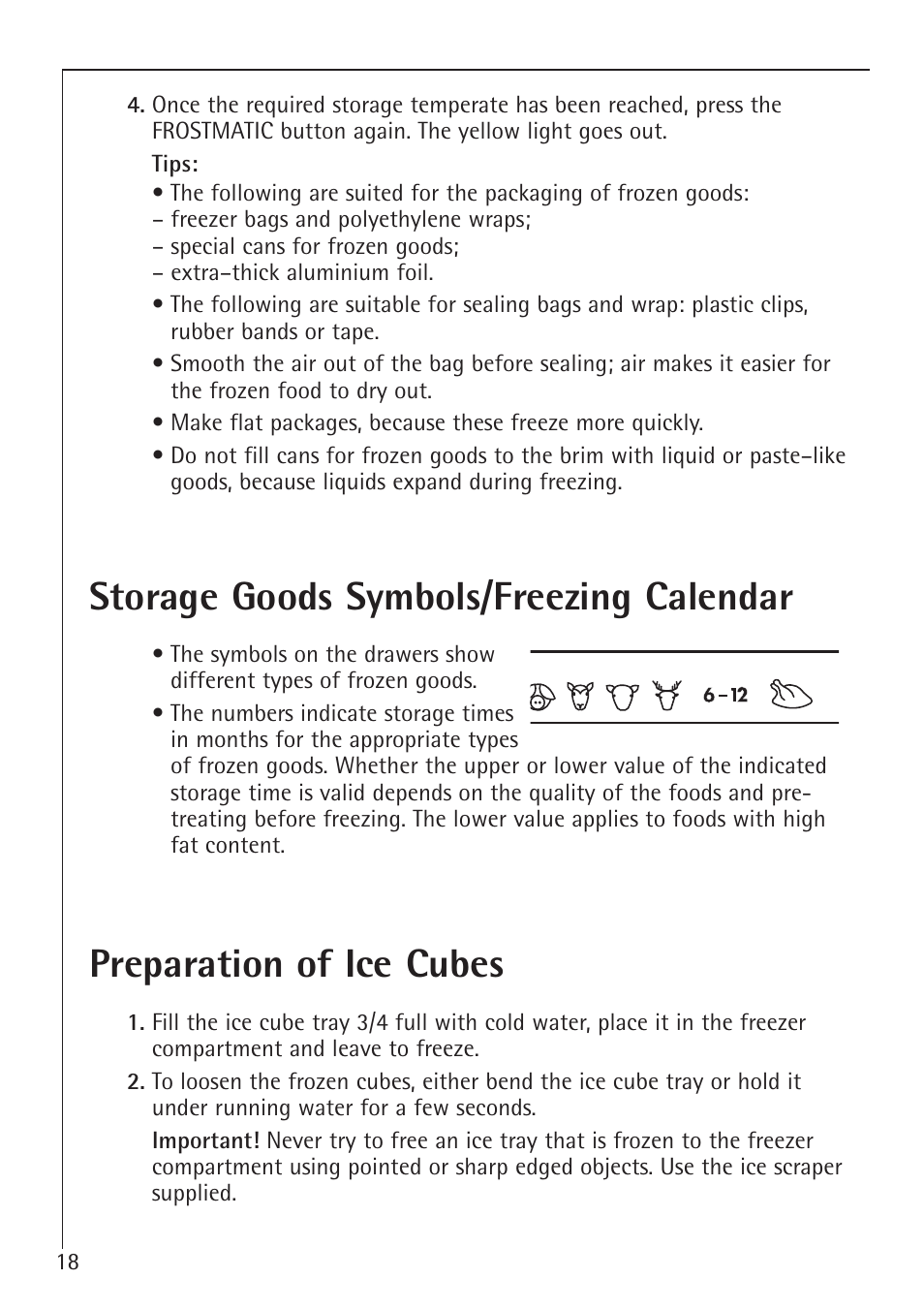 Storage goods symbols/freezing calendar, Preparation of ice cubes | Electrolux 75100 GA User Manual | Page 18 / 28