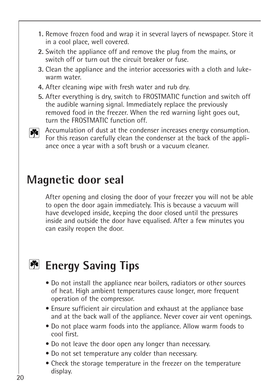 Magnetic door seal, Energy saving tips | Electrolux 75100 GA User Manual | Page 20 / 28