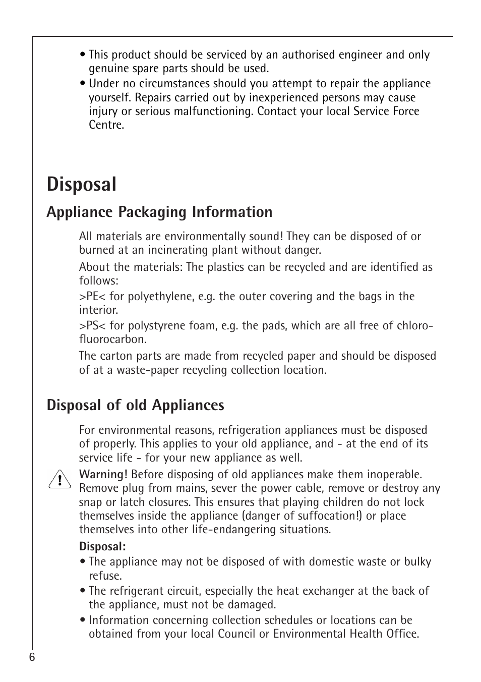 Disposal, Appliance packaging information, Disposal of old appliances | Electrolux 75100 GA User Manual | Page 6 / 28