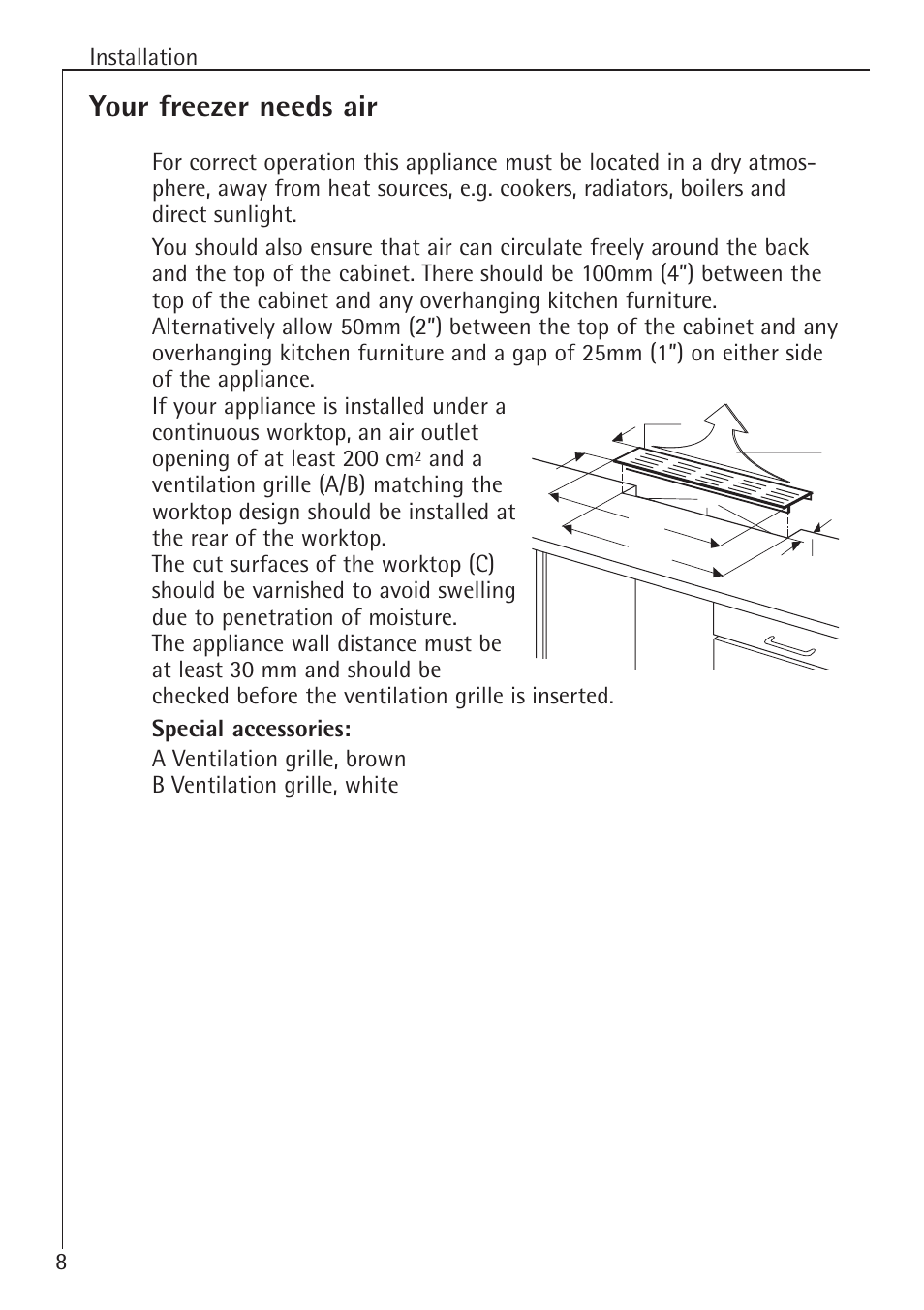 Your freezer needs air, 8installation | Electrolux 75100 GA User Manual | Page 8 / 28