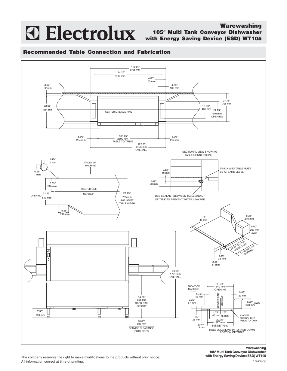 Warewashing, Recommended table connection and fabrication | Electrolux 534184 User Manual | Page 5 / 5