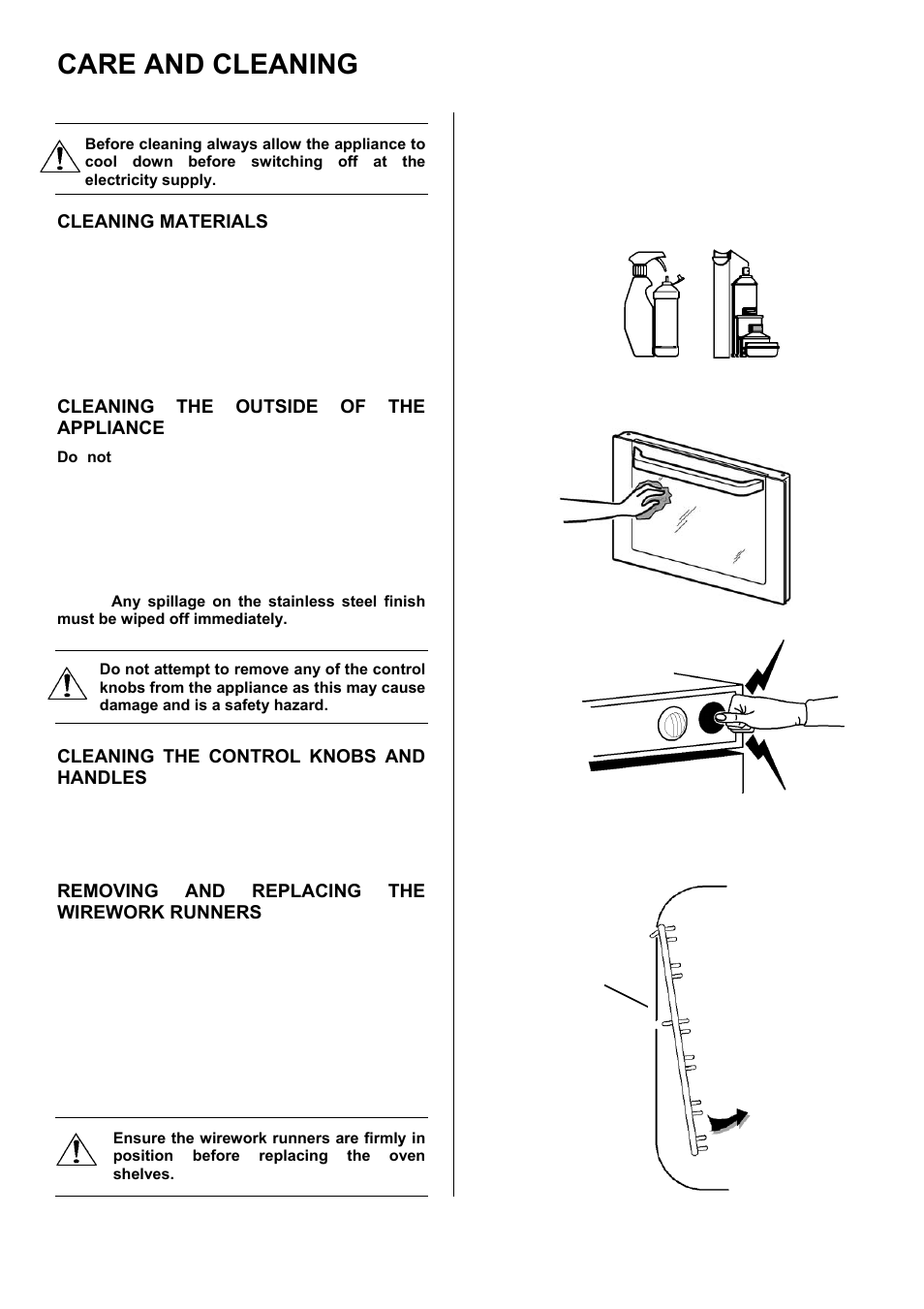 Care and cleaning, Cleaning materials, Cleaning the outside of the appliance | Cleaning the control knobs and handles, Removing and replacing the wirework runners | Electrolux EKC5545 User Manual | Page 21 / 36