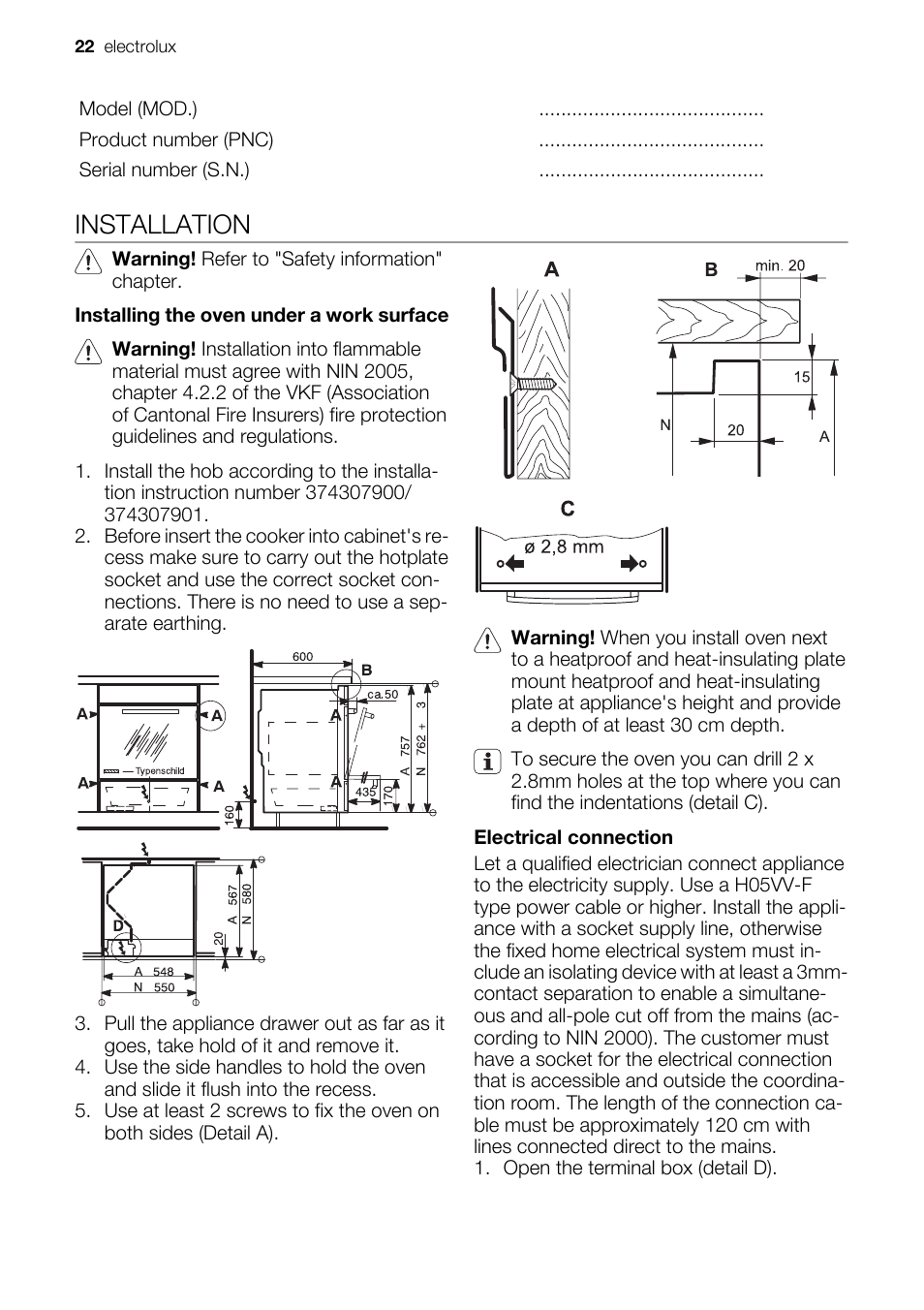 Installation | Electrolux EH GL5X-4 User Manual | Page 22 / 28