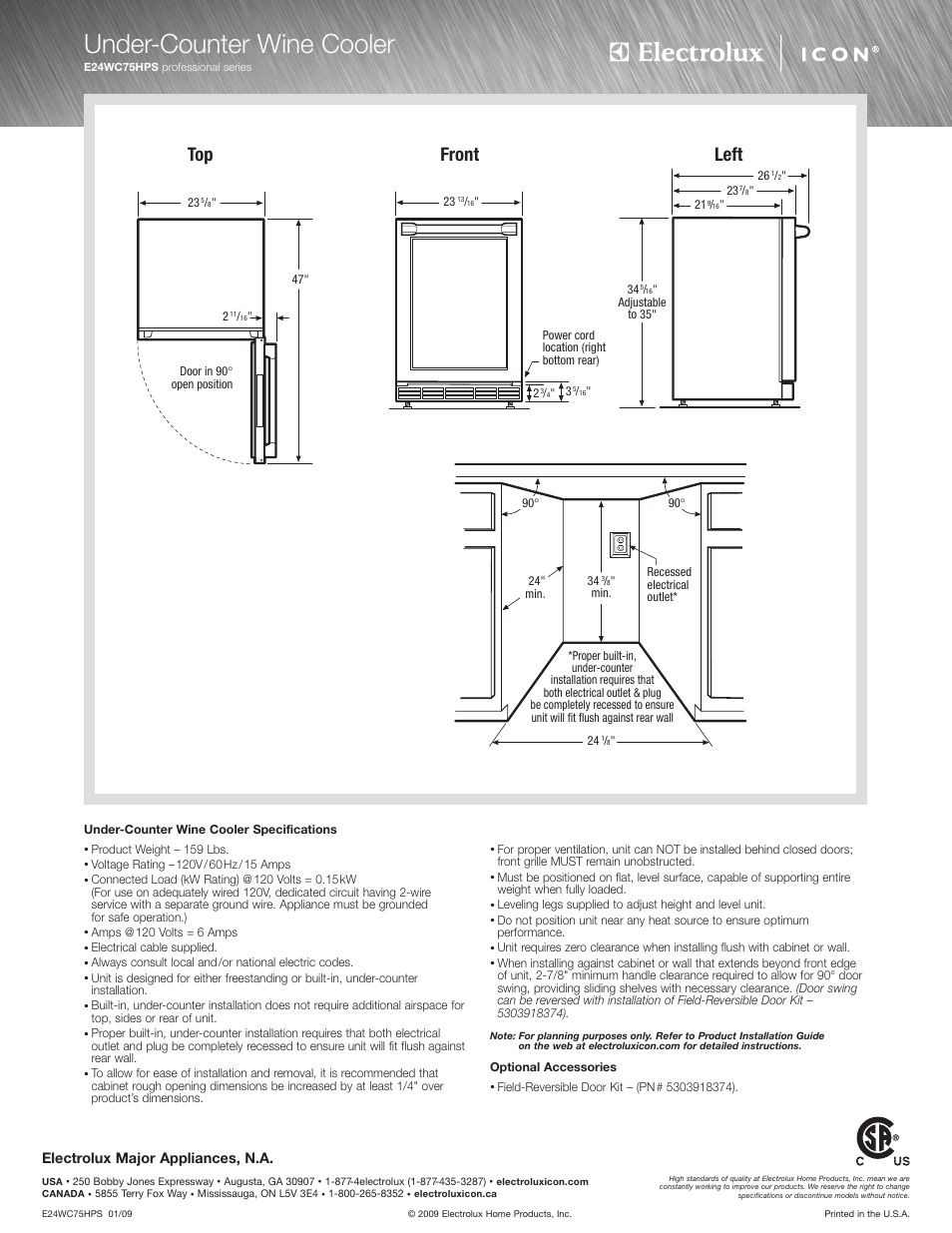 Under-counter wine cooler, Front, Left | Electrolux major appliances, n.a | Electrolux E24WC75HPS User Manual | Page 2 / 2