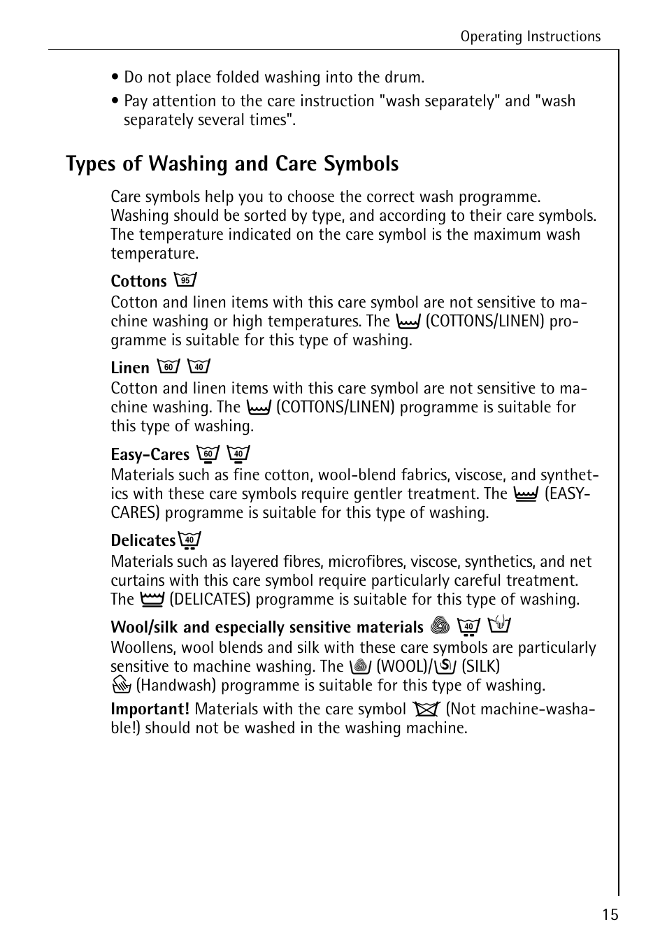 Types of washing and care symbols | Electrolux LAVAMAT 51165 User Manual | Page 15 / 52