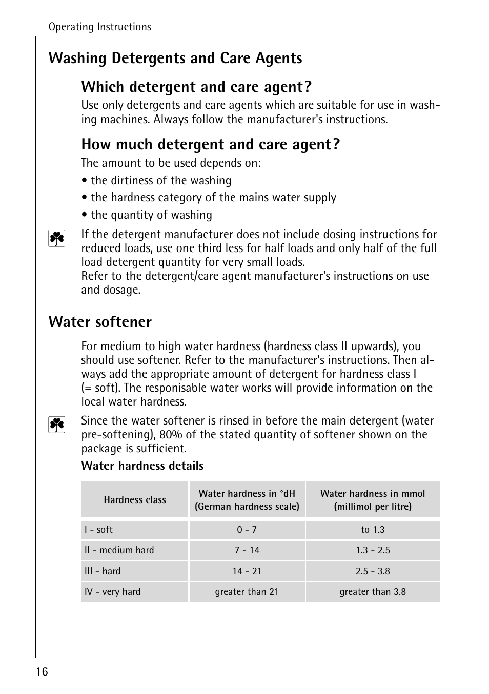 How much detergent and care agent, Water softener | Electrolux LAVAMAT 51165 User Manual | Page 16 / 52