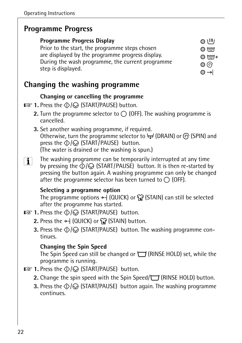 Programme progress, Changing the washing programme | Electrolux LAVAMAT 51165 User Manual | Page 22 / 52