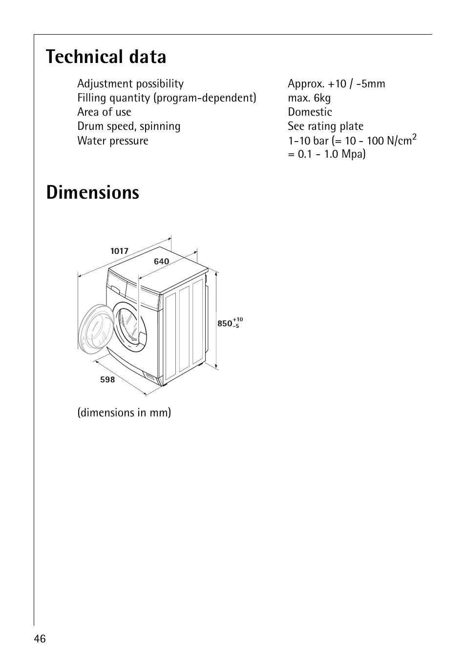 Technical data dimensions | Electrolux LAVAMAT 51165 User Manual | Page 46 / 52